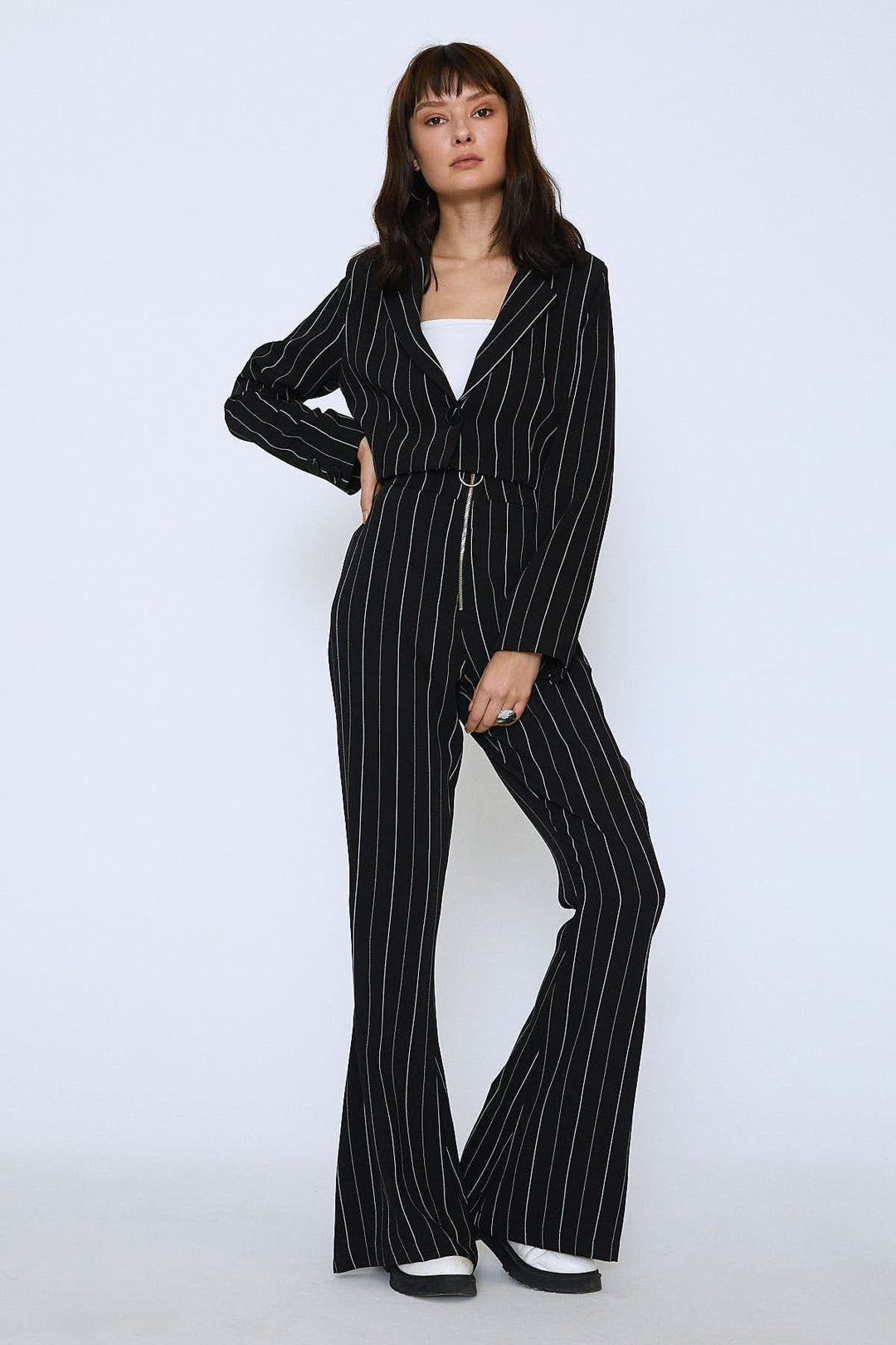 Striped Single Button Crop Jacket Black