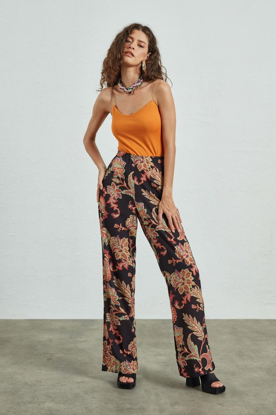 Patterned Wide Leg Trousers Black