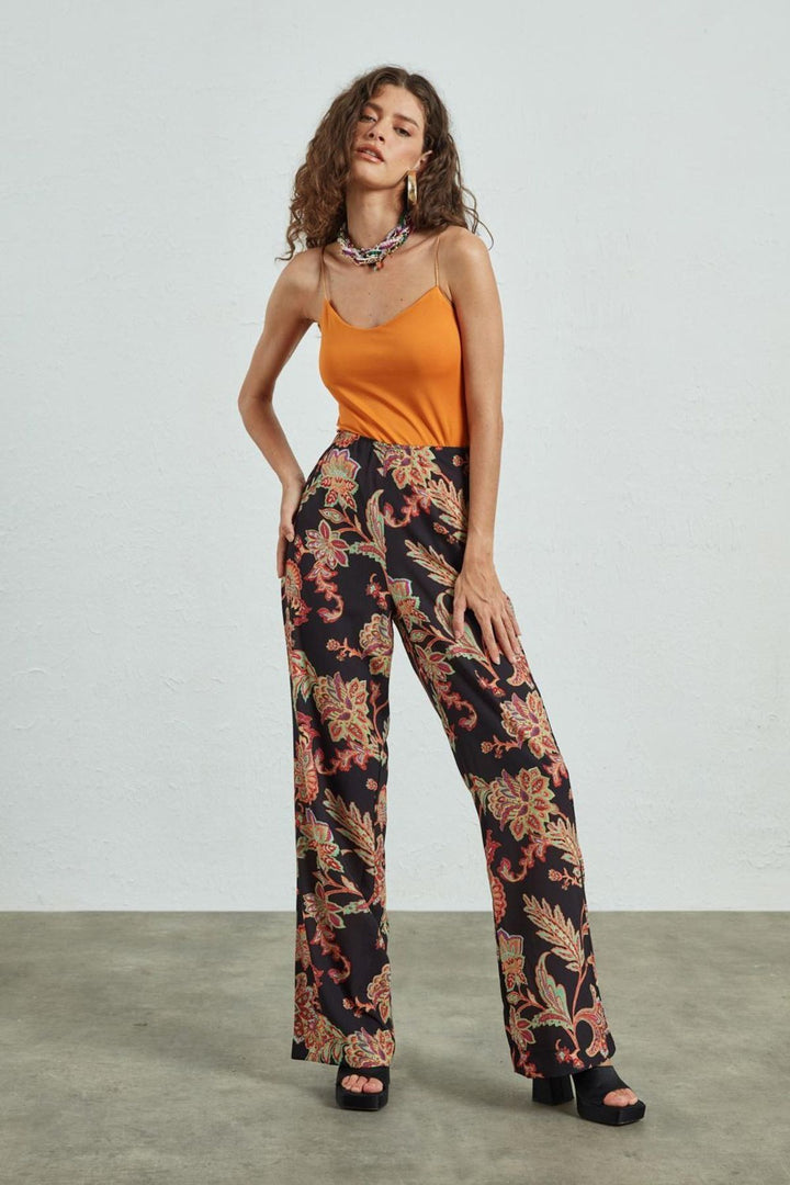 Patterned Wide Leg Trousers Black
