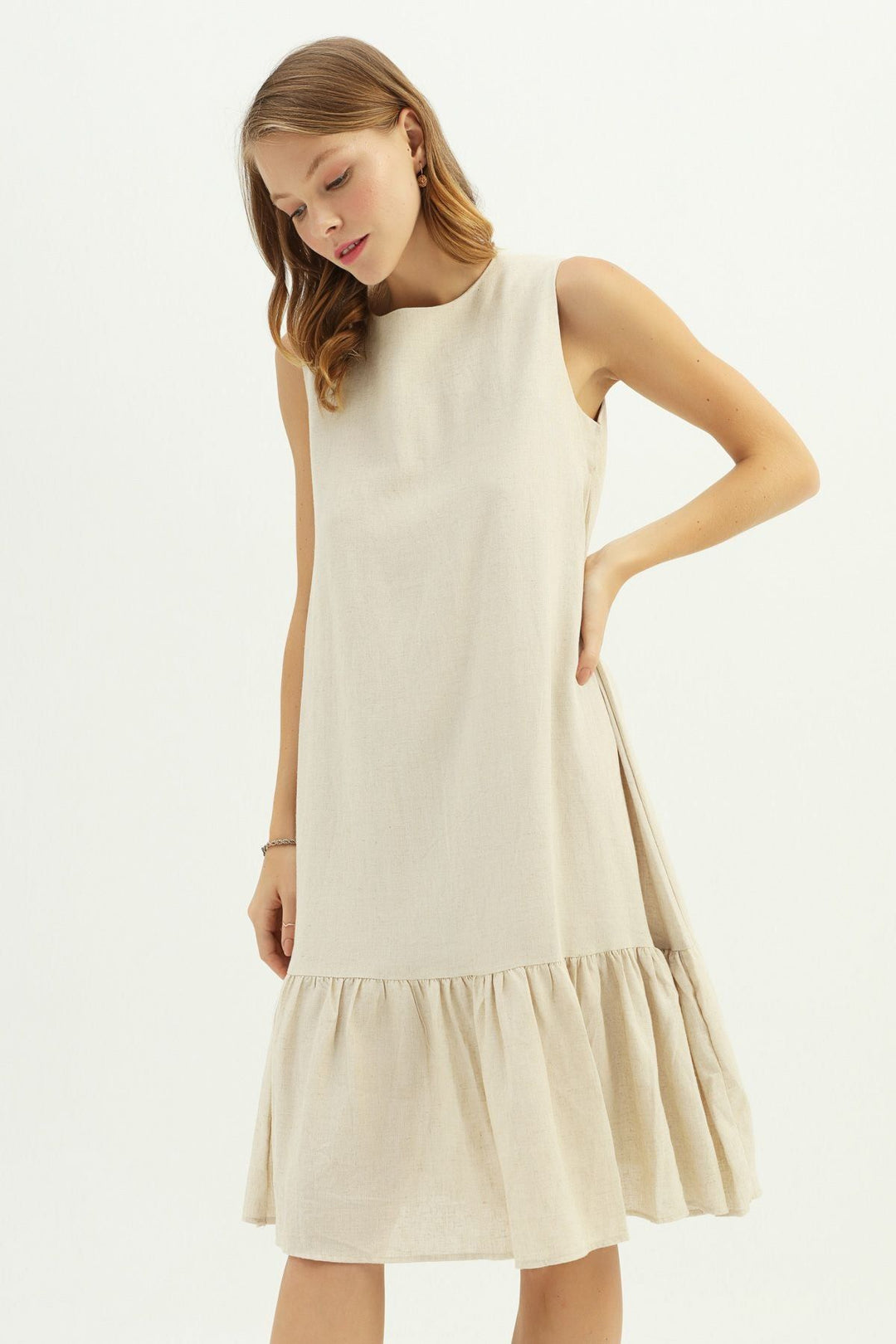 Frilly Hem Linen Dress Natural