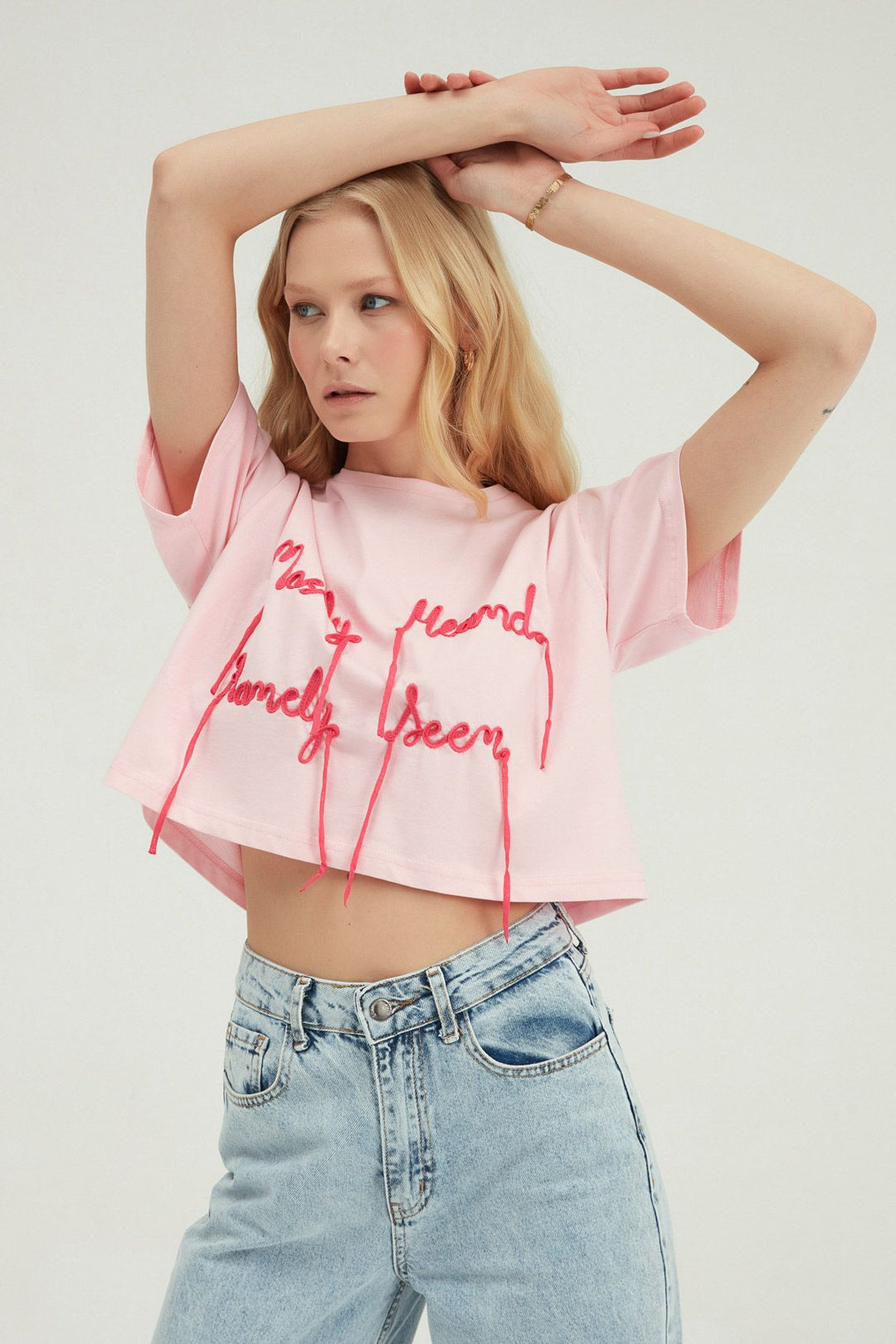 Embroidery Detailed Crop T-Shirt Pink