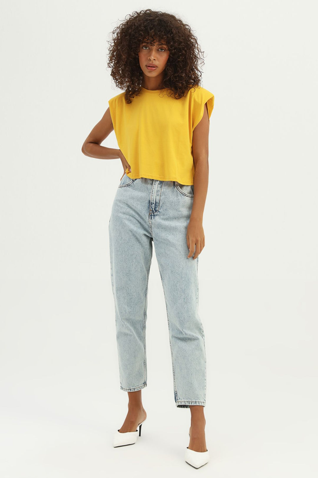 Vatkalı Basic Crop Tişört Hardal