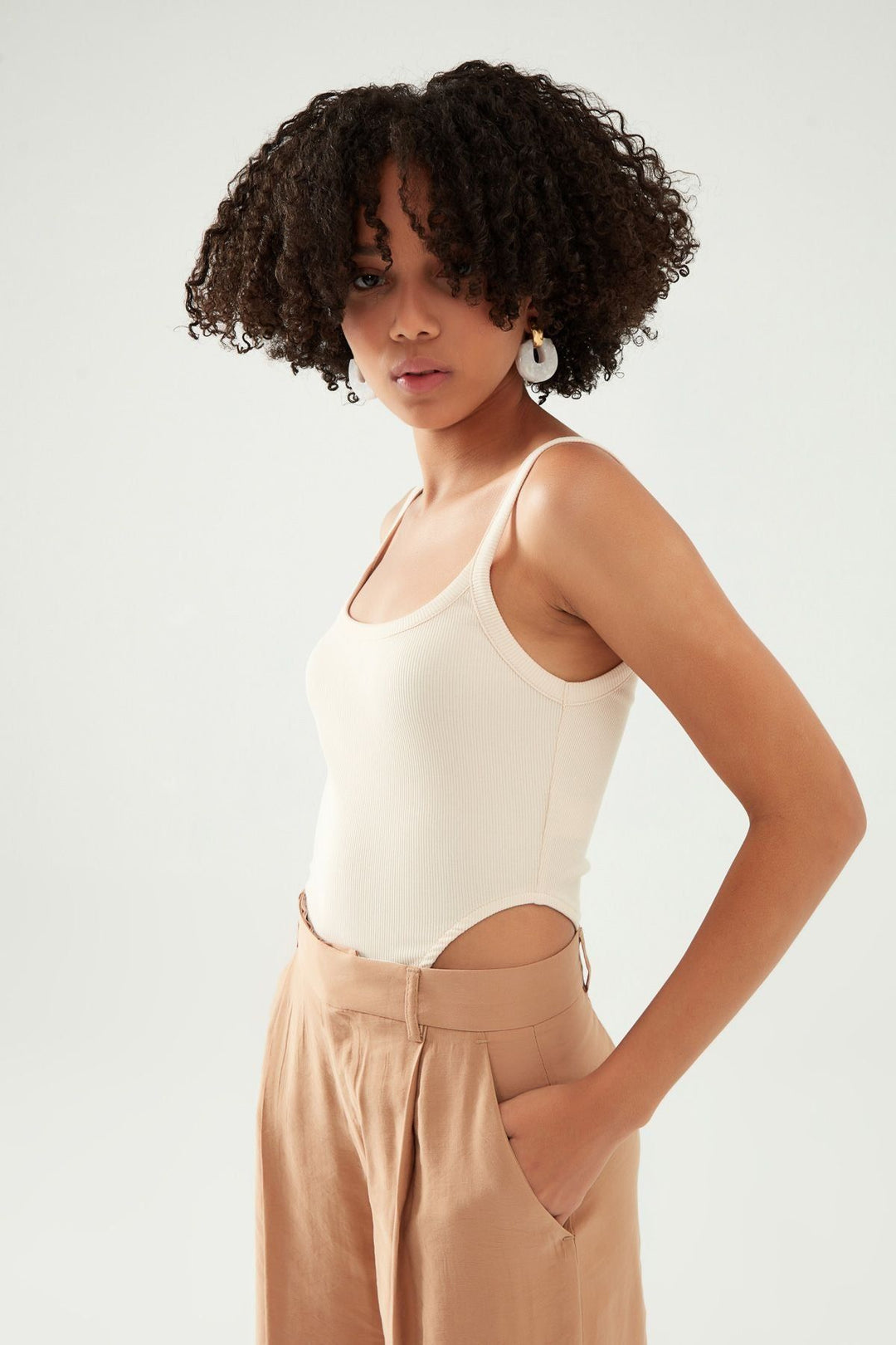 Strap Decollete Bodysuit Beige