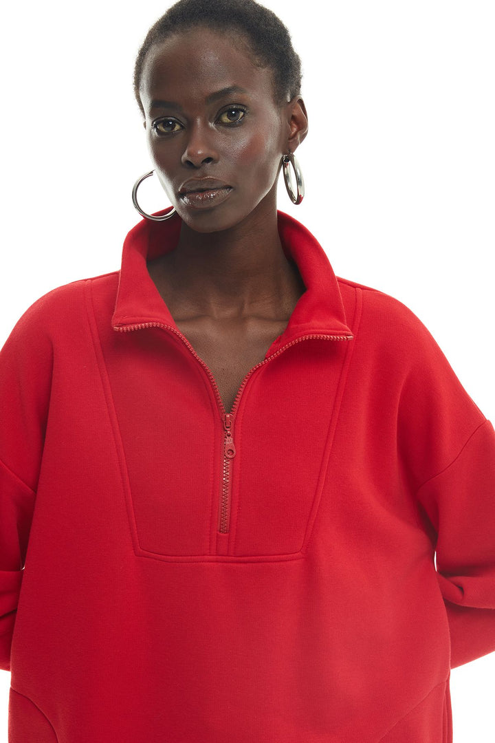 Zippered Turtleneck Sweatshirt Red