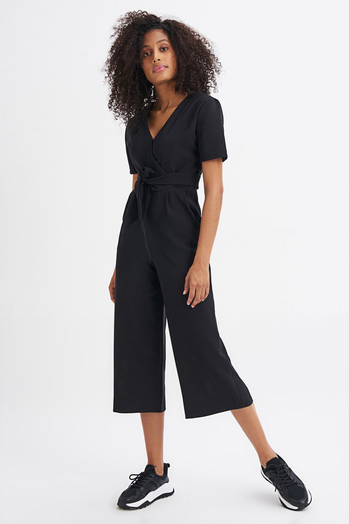 Kruvaze Beli Kuşaklı Tulum Siyah