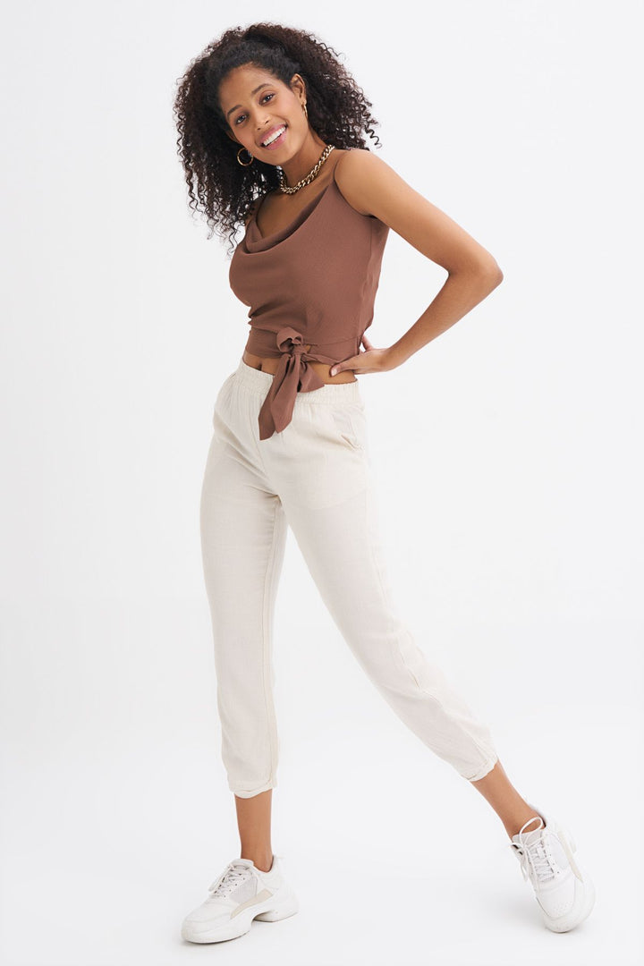Beli Lastikli Keten Pantolon Ekru
