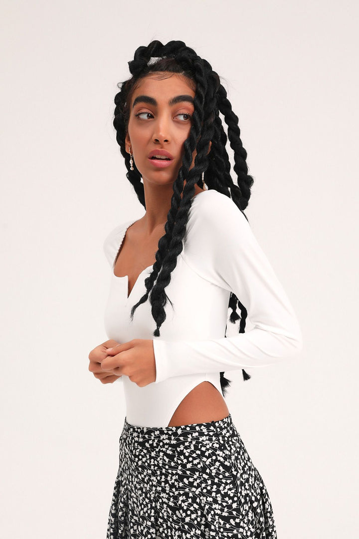Square Neck Long Sleeve Bodysuit Ecru