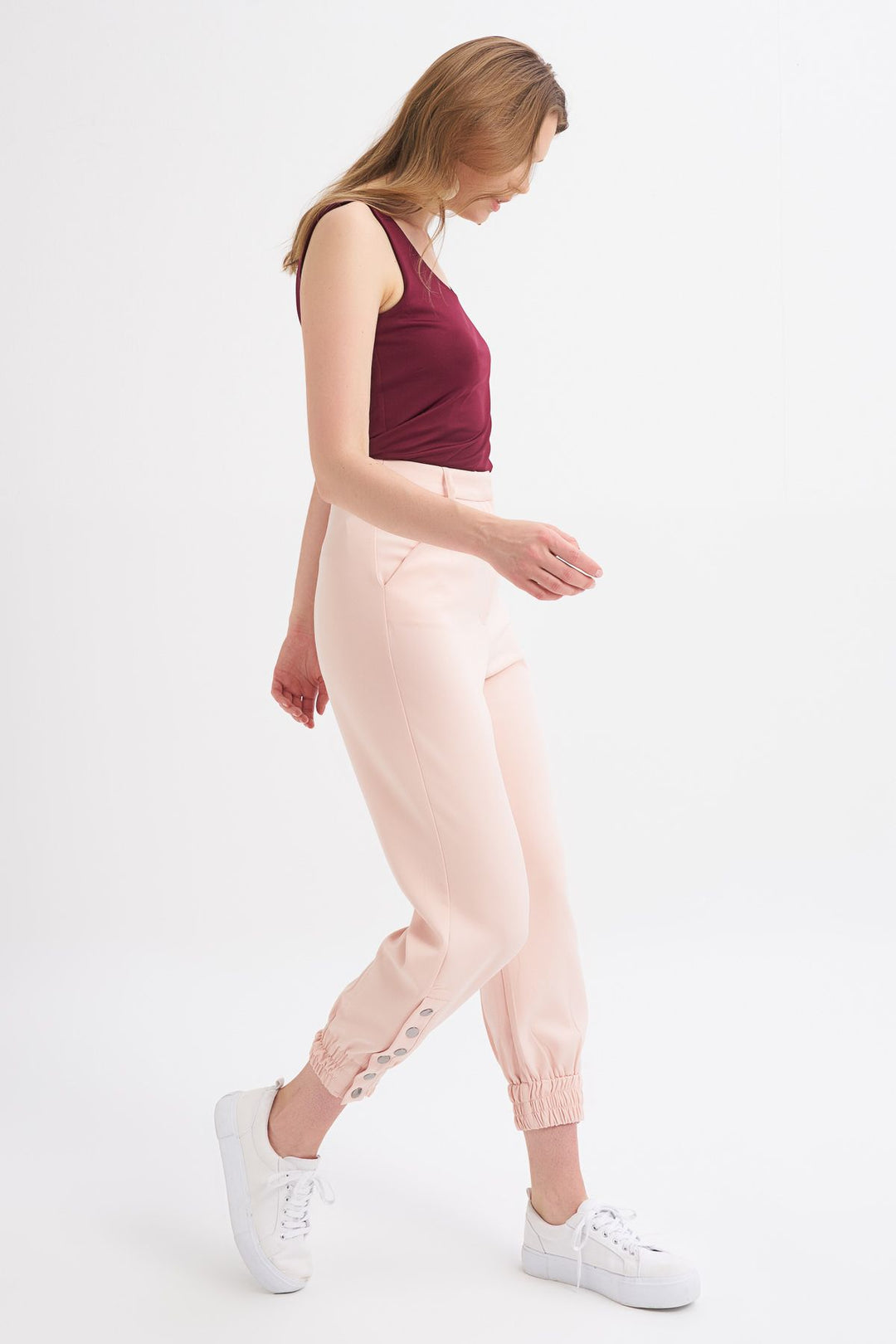 Paçası Çıtçıtlı Jogger Pantolon Pudra