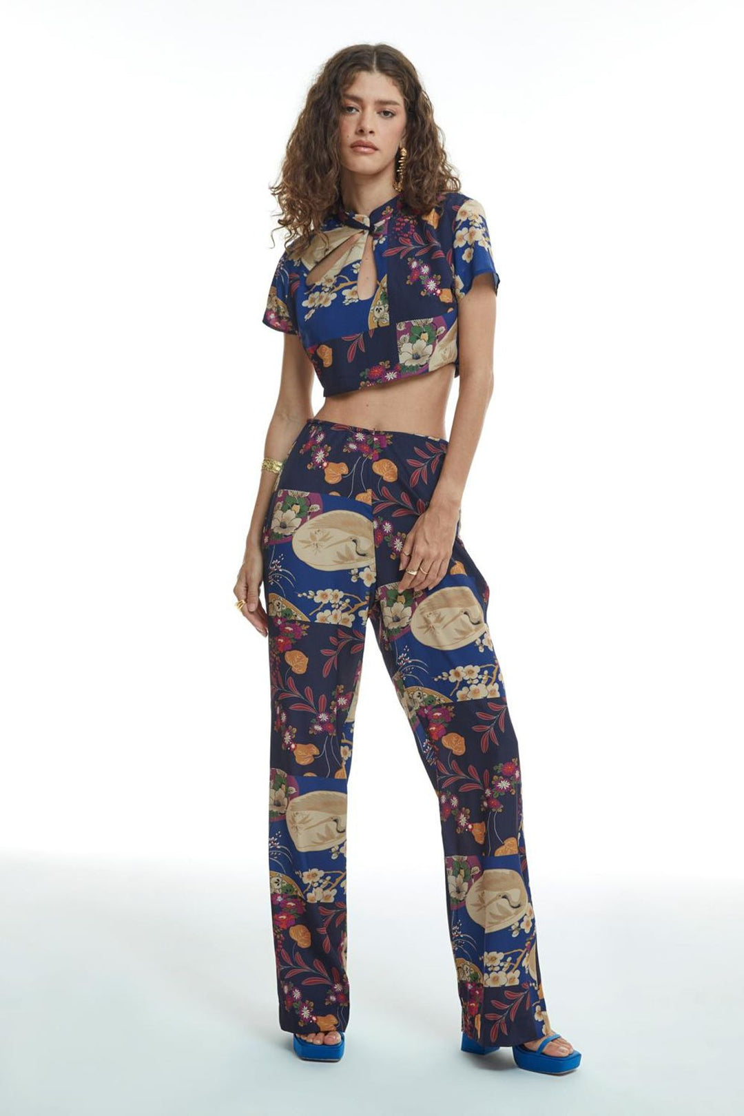 Side Zipper Patterned Trousers Navy