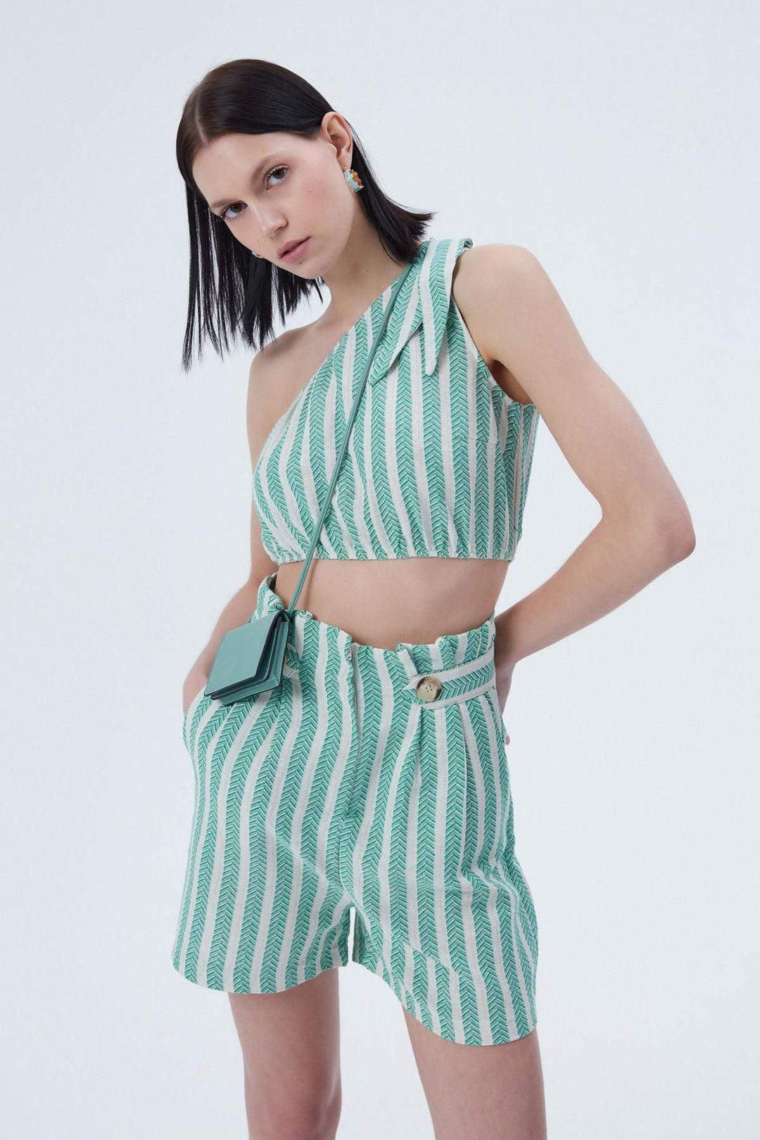 Tek Omuz Crop Bluz Yeşil