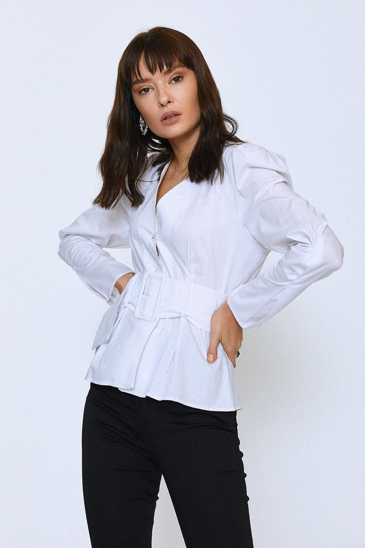 V-Neck Blouse White with Belt Button at Waist