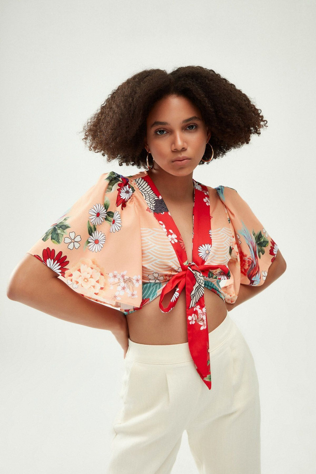 Patterned Tie Front Blouse Orange