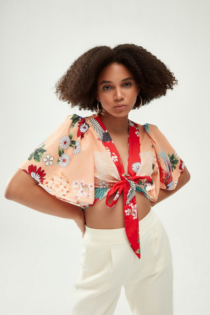 Patterned Tie Front Blouse Orange