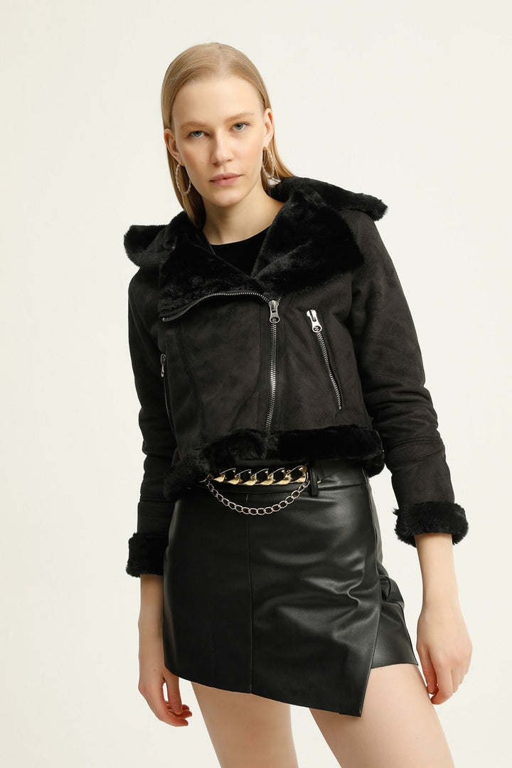 Kürk Detaylı Süet Ceket Siyah