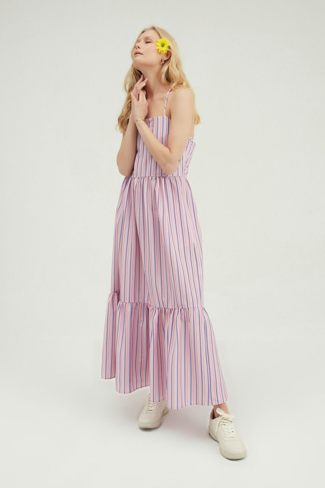Striped Cross-Strap Long Dress Pink