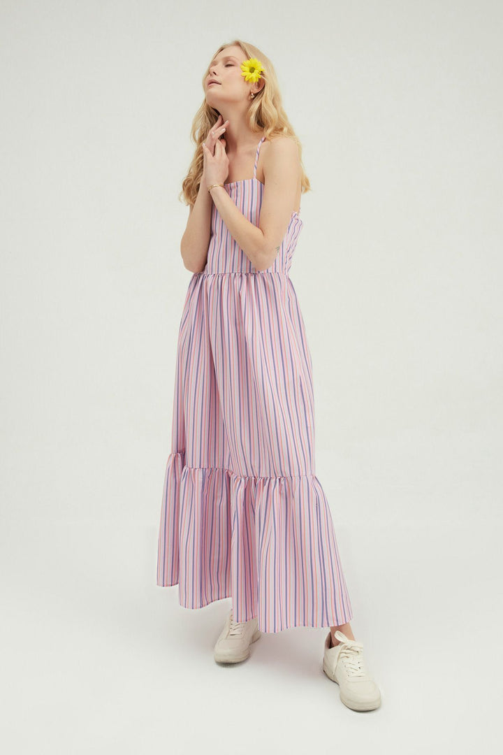 Striped Cross-Strap Long Dress Pink