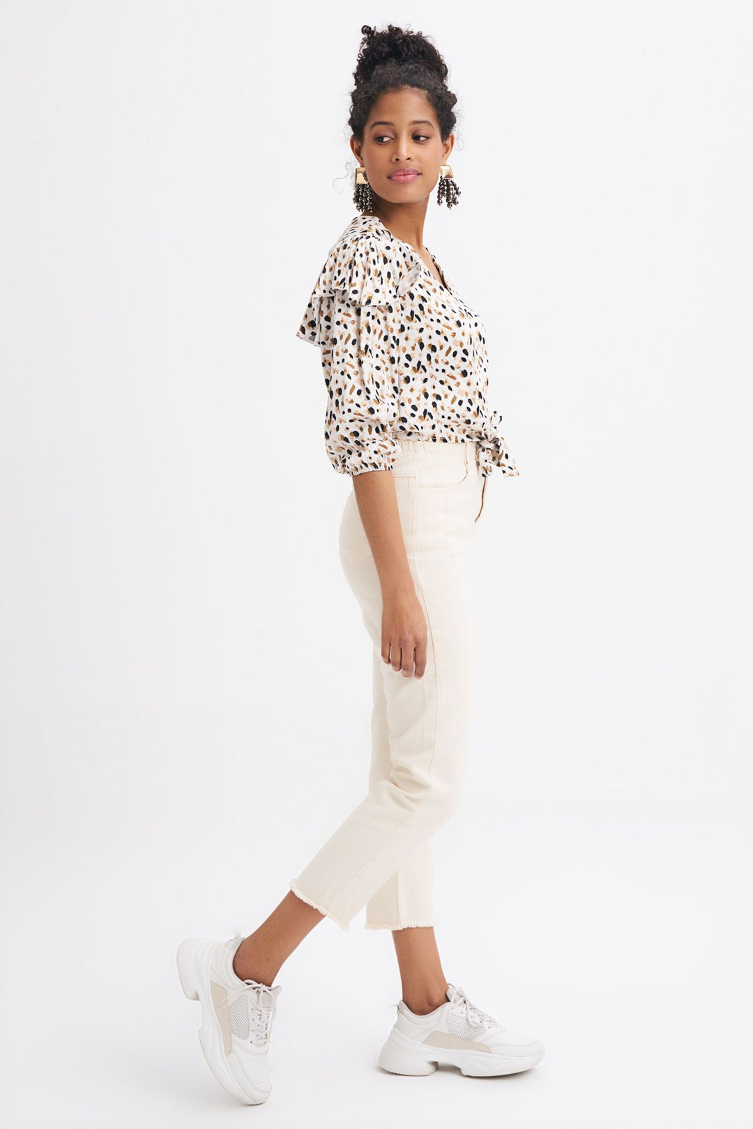 Patterned Tie Front Blouse Ecru