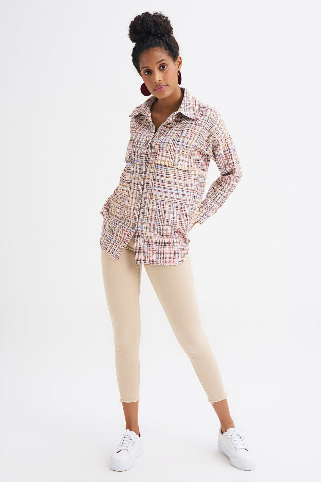 Tweed Pocketed Plaid Shirt Red