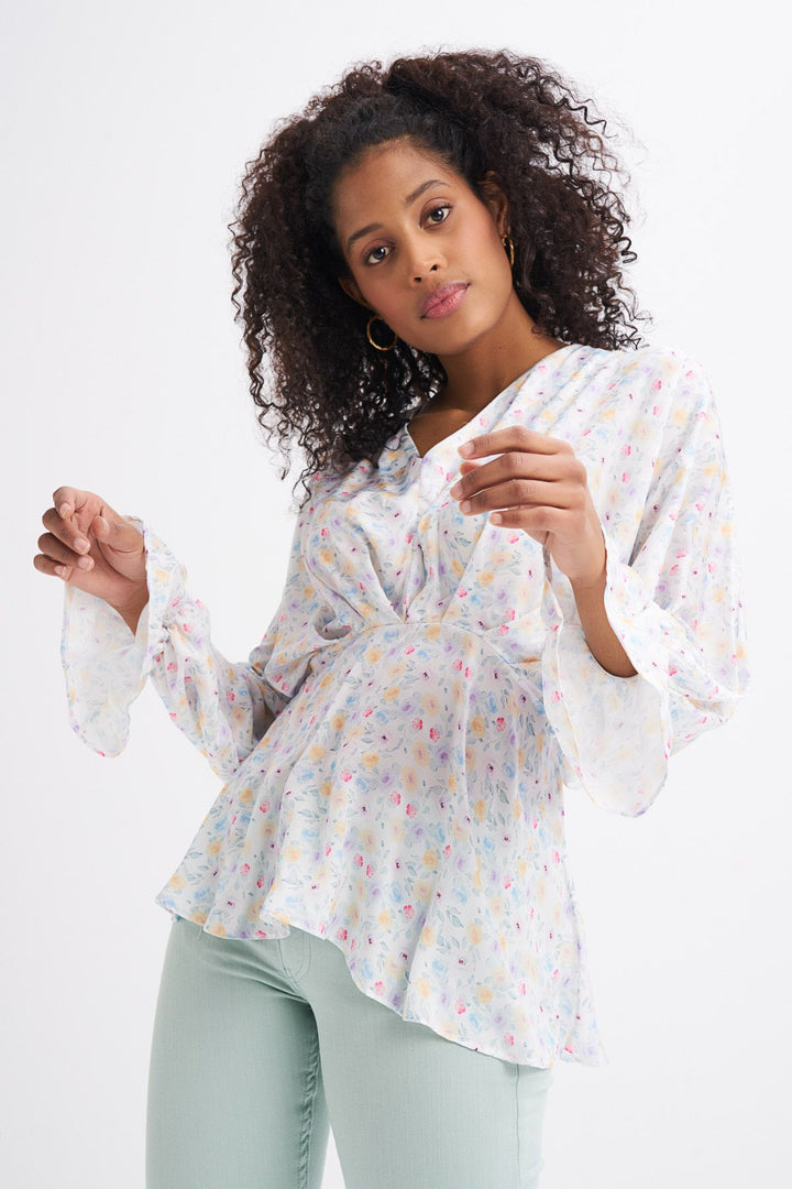 V-Neck Blouse Ecru with Pleated Sleeves