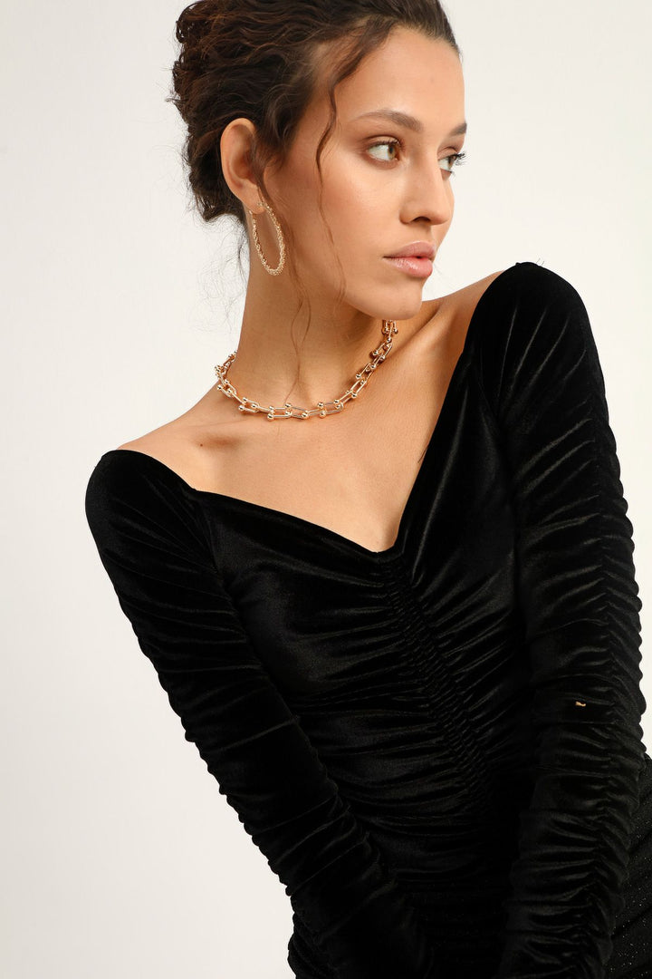 Pleated V-Neck Velvet Bodysuit Black