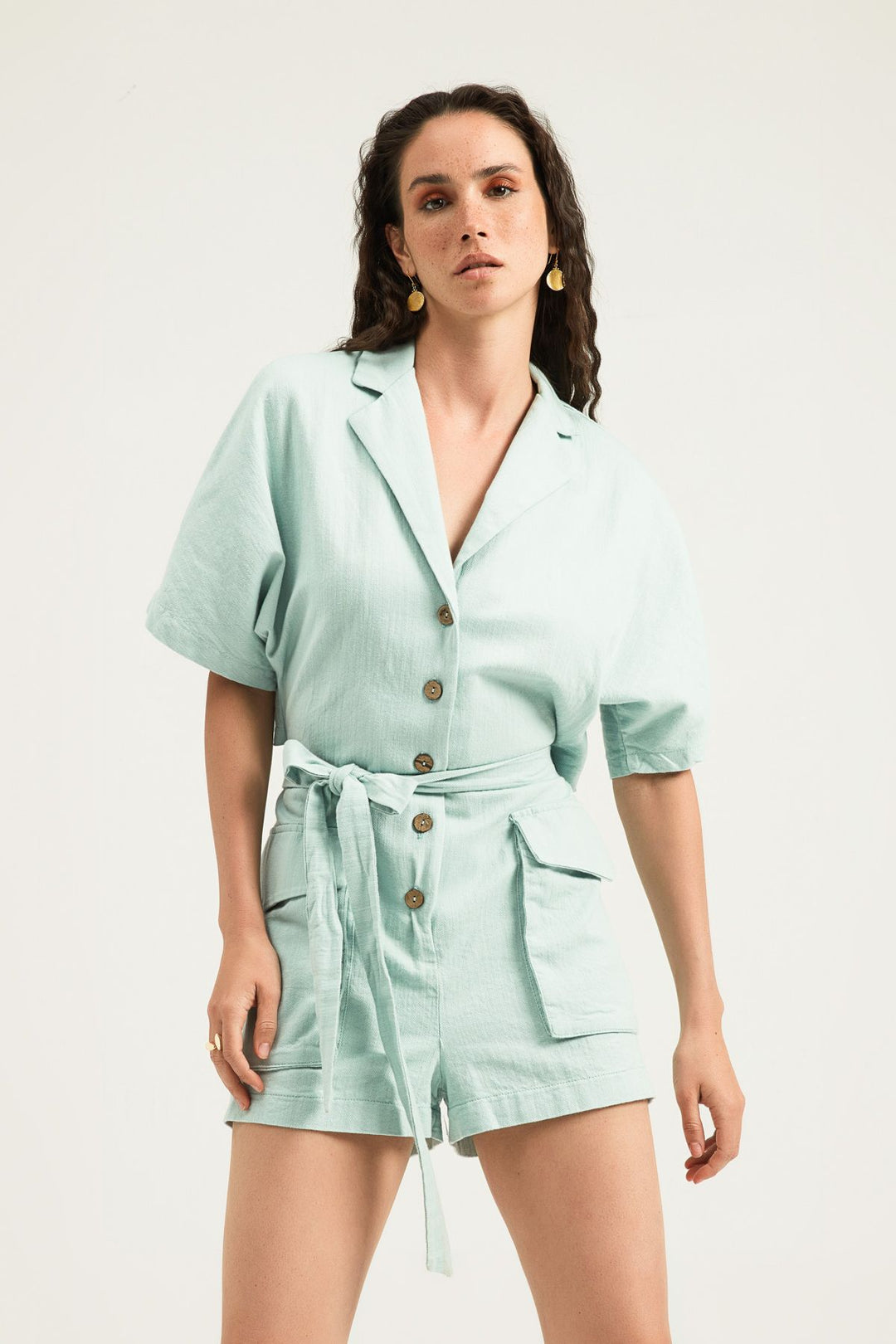 Tie Waist Short Sleeve Jumpsuit Mint