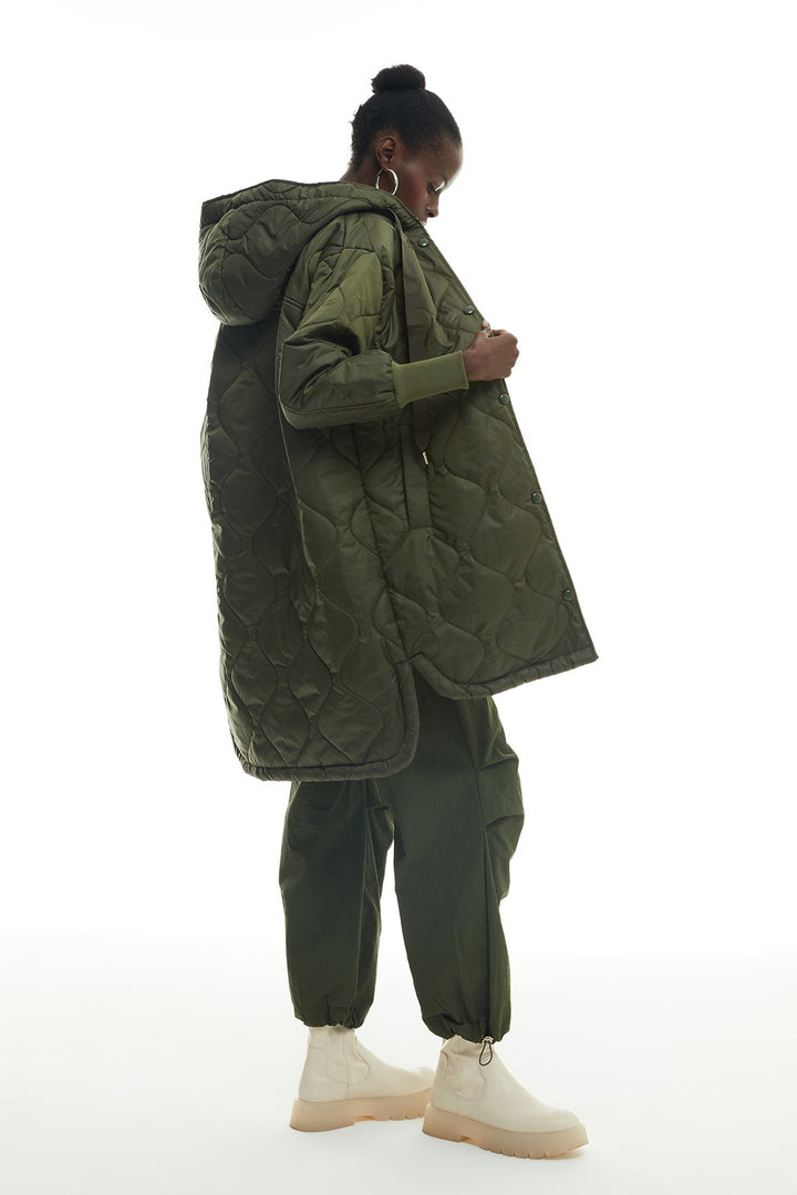 Hooded Quilted Long Coat Khaki