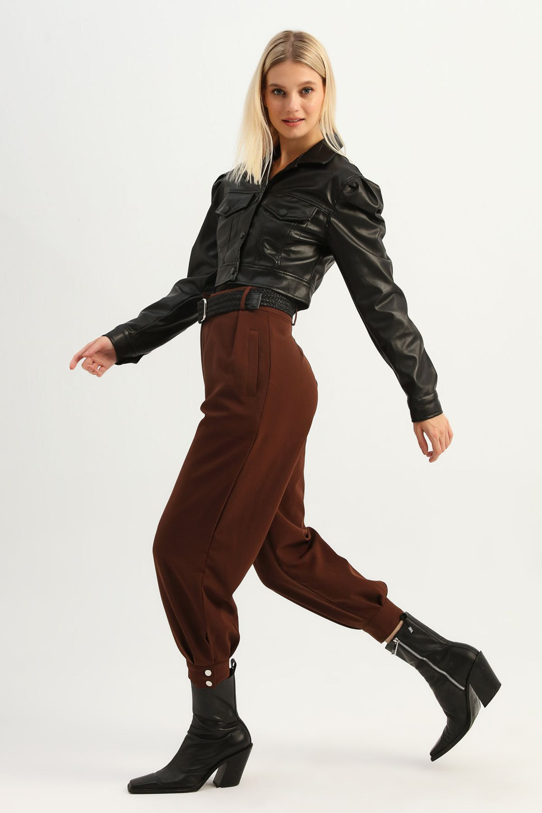 Balloon Sleeve Crop Leather Jacket Black