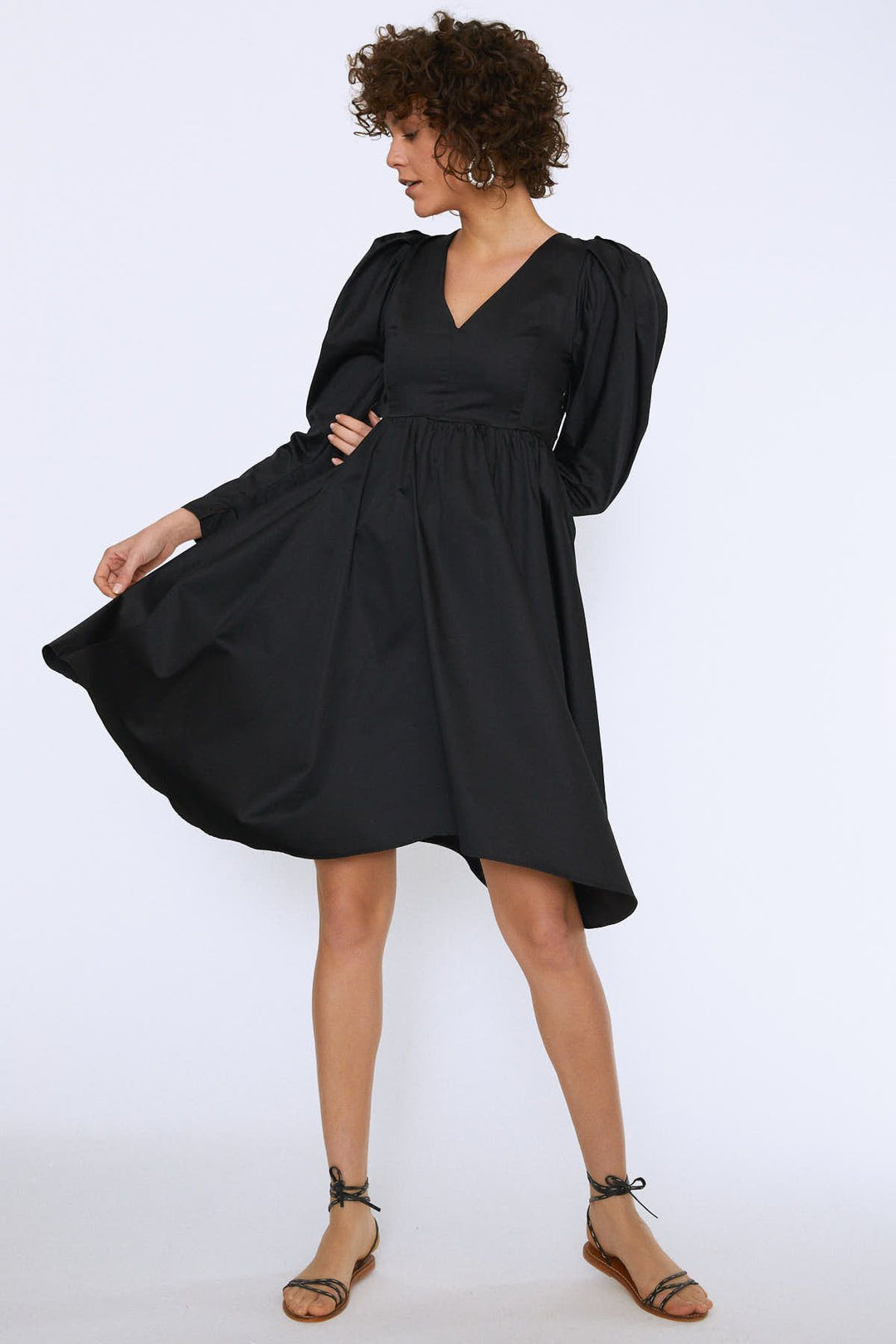 Balloon Sleeve V Neck Midi Dress Black