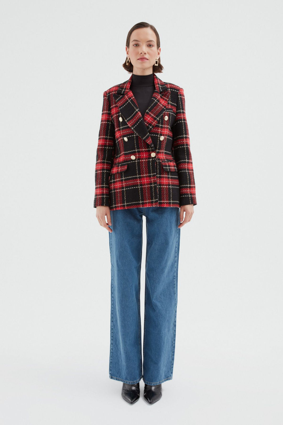 Ekose Kruvaze Blazer Ceket Kırmızı