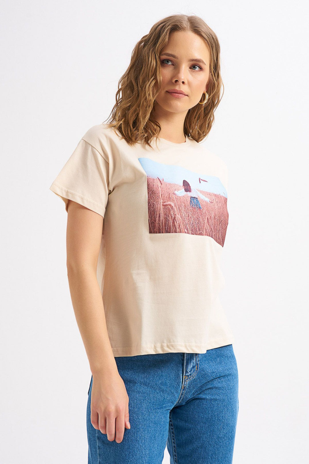 Baskılı Tişört Açık Bej