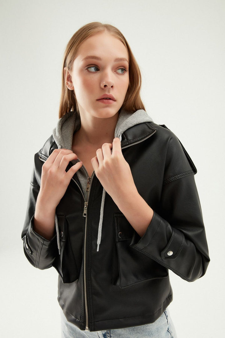 Hooded Leather Jacket Black