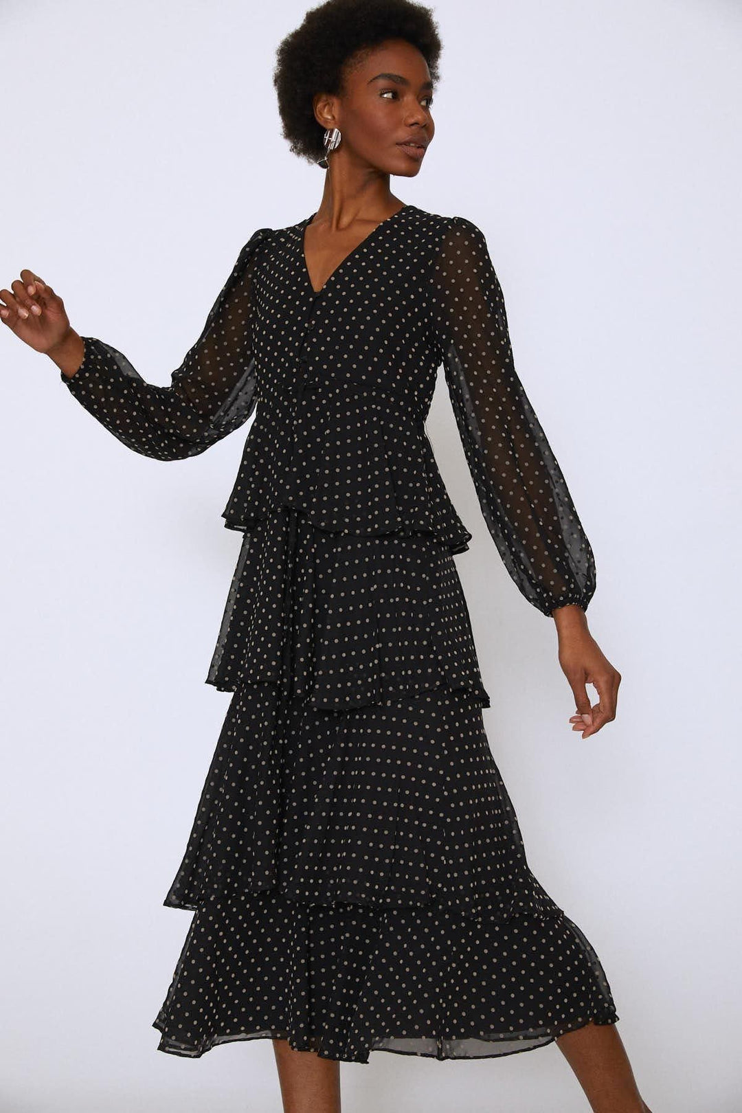 Buttoned Front V-Neck Layered Dress Black