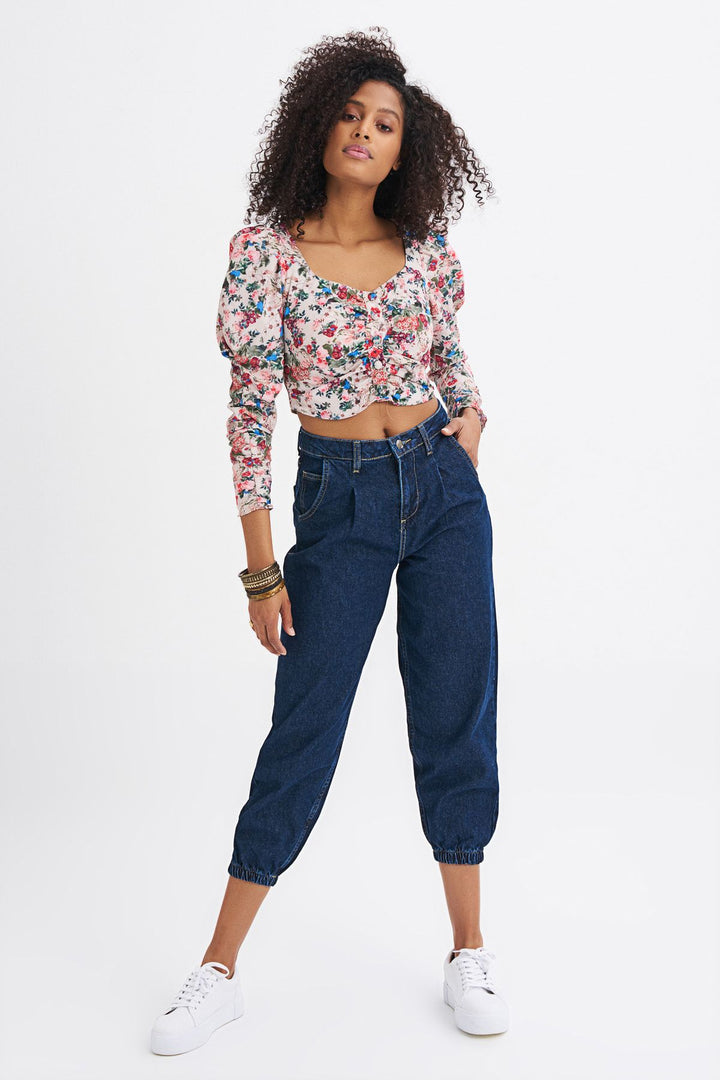 Floral Patterned Button Front Waistband Blouse Beige