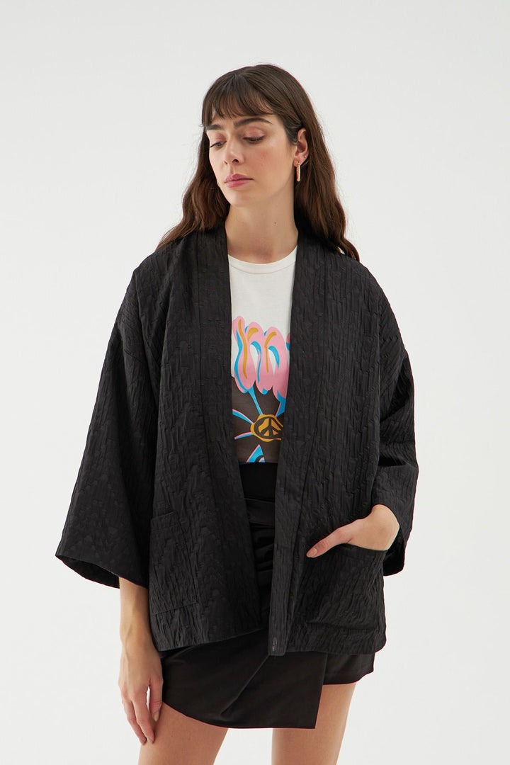 Dokulu Şal Yaka Ceket Siyah