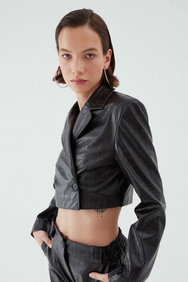 Dokulu Deri Büstiyerli Blazer Ceket Siyah