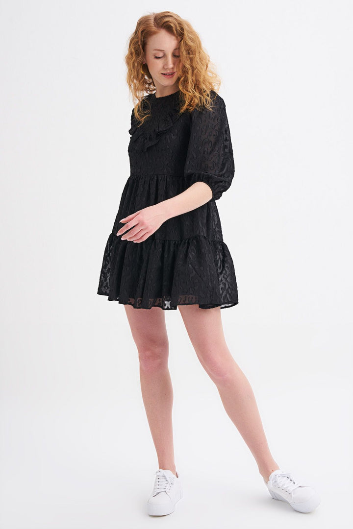 Ruffle Detailed Midi Dress Black