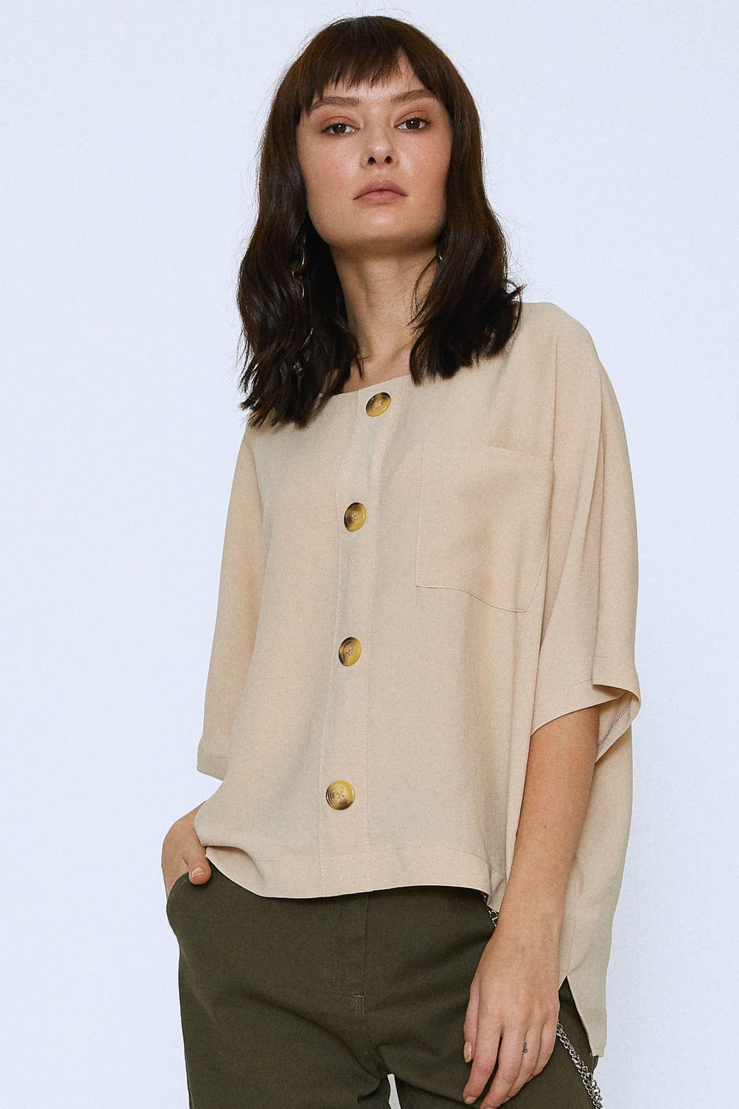 Düğmeli Oversize Bluz Taş