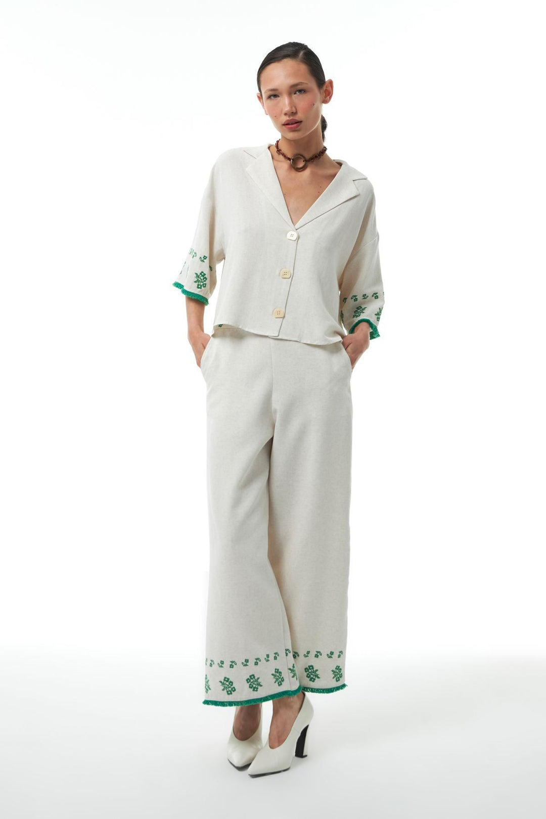 Nakış Detaylı Keten Pantolon Naturel