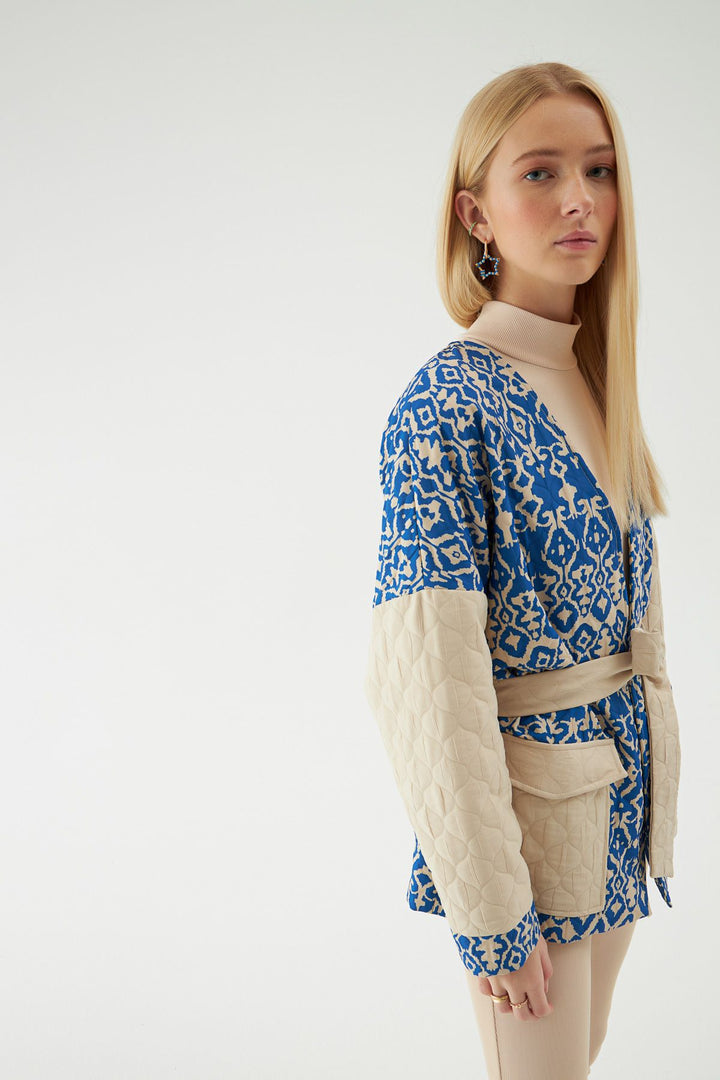 Tie Waist Quilted Jacket Blue