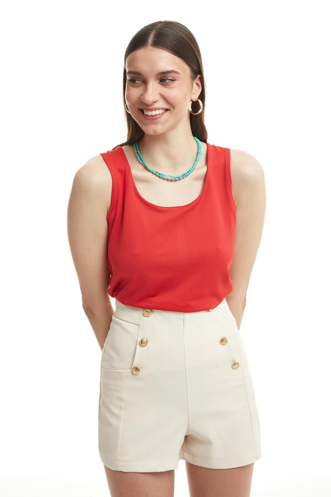 Düğme Detaylı Yüksek Bel Şort Kemik