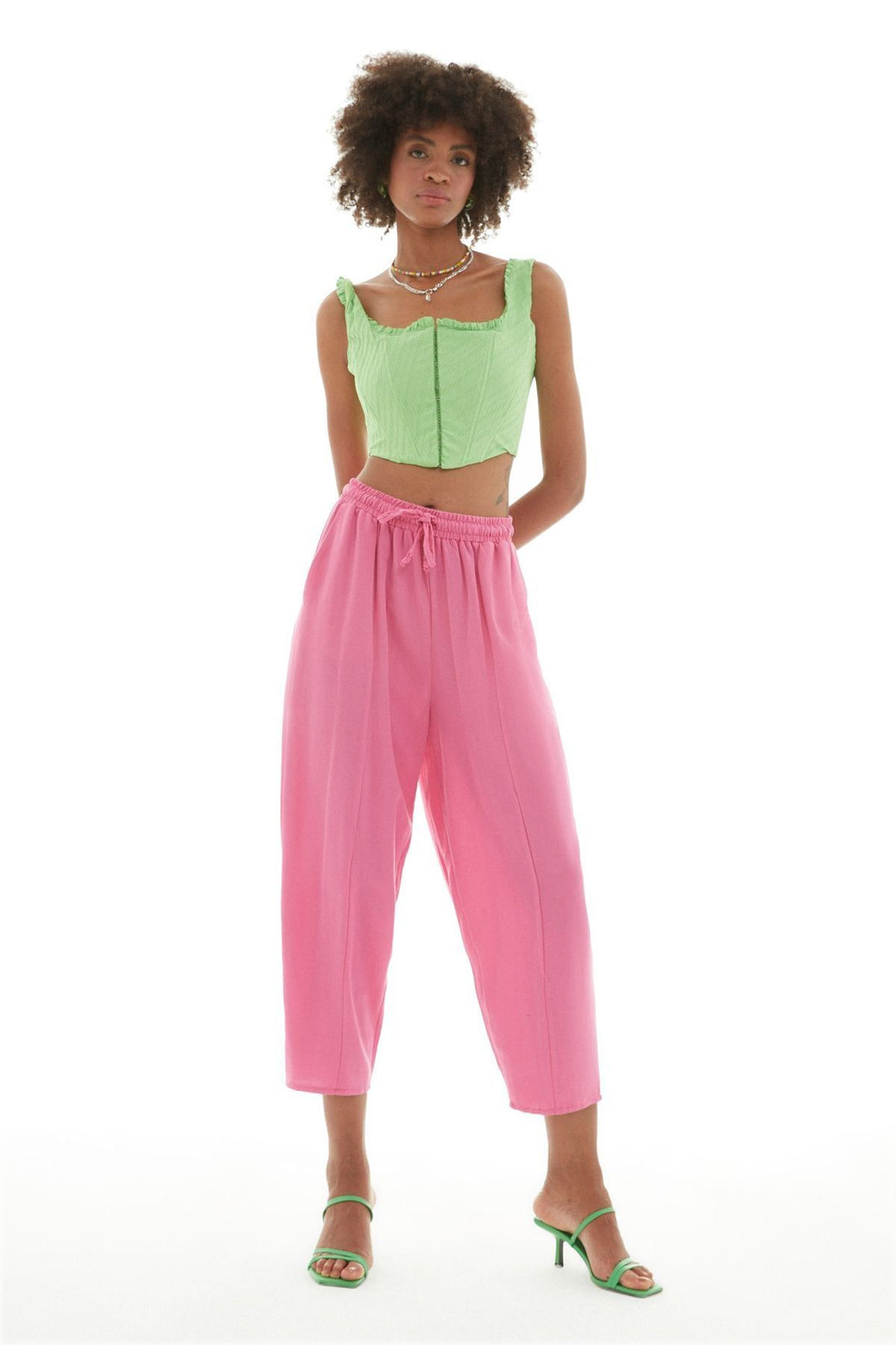 Beli Lastikli Keten Pantolon Pembe