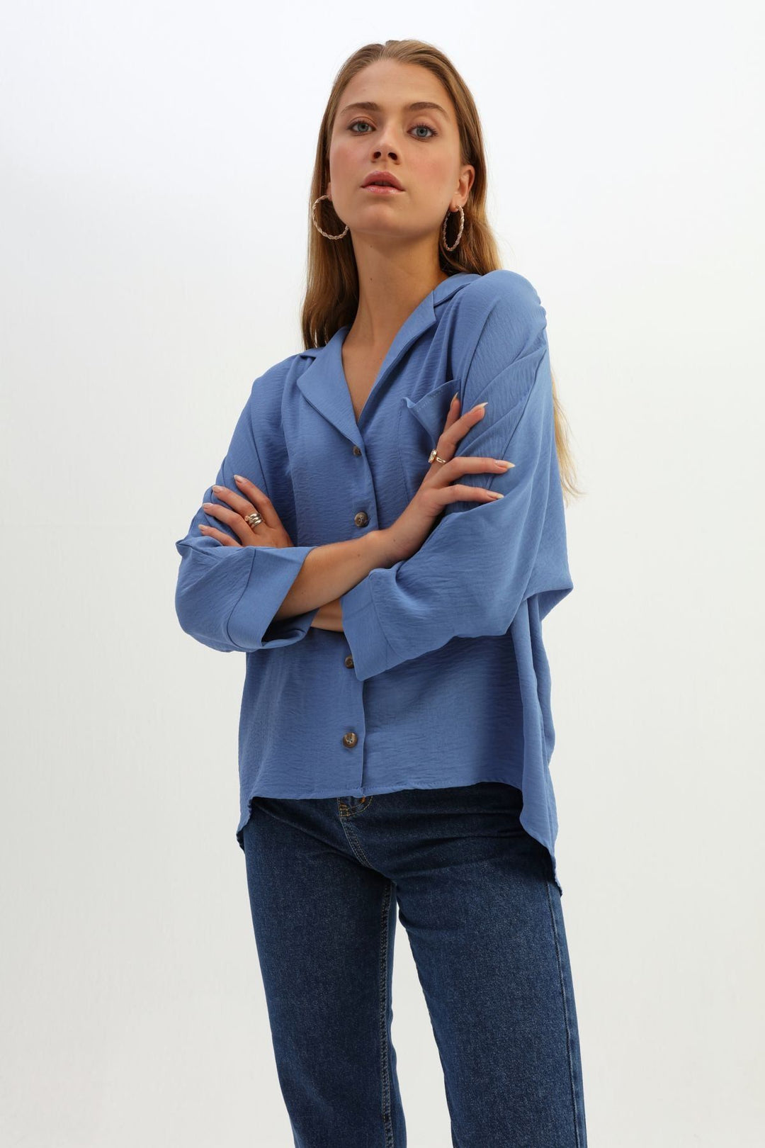 Tek Cepli Oversize Gömlek İndigo