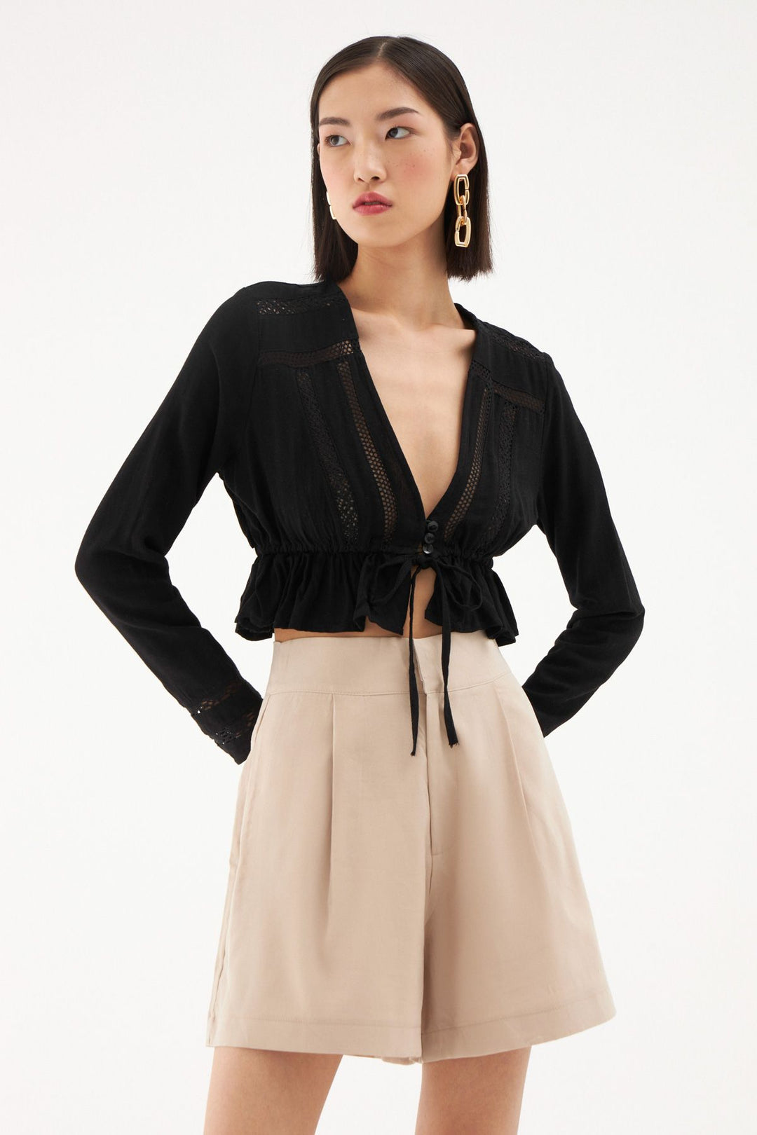 High Waist Pleat Detailed Shorts Stone