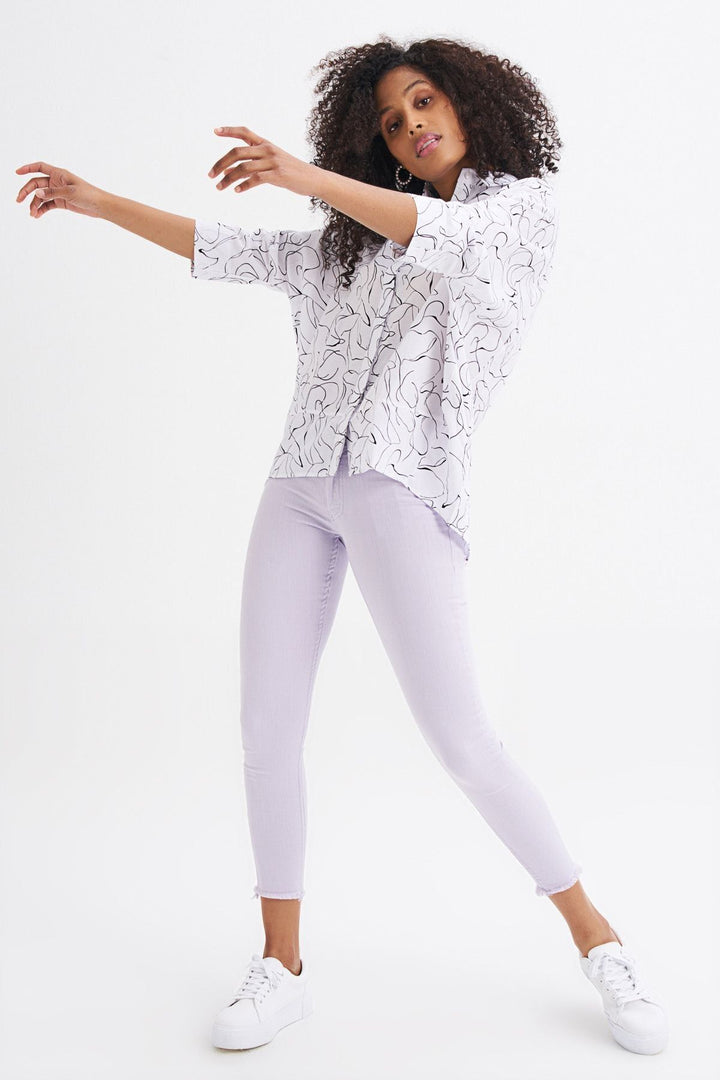 Bat Sleeve Line Printed Shirt Ecru