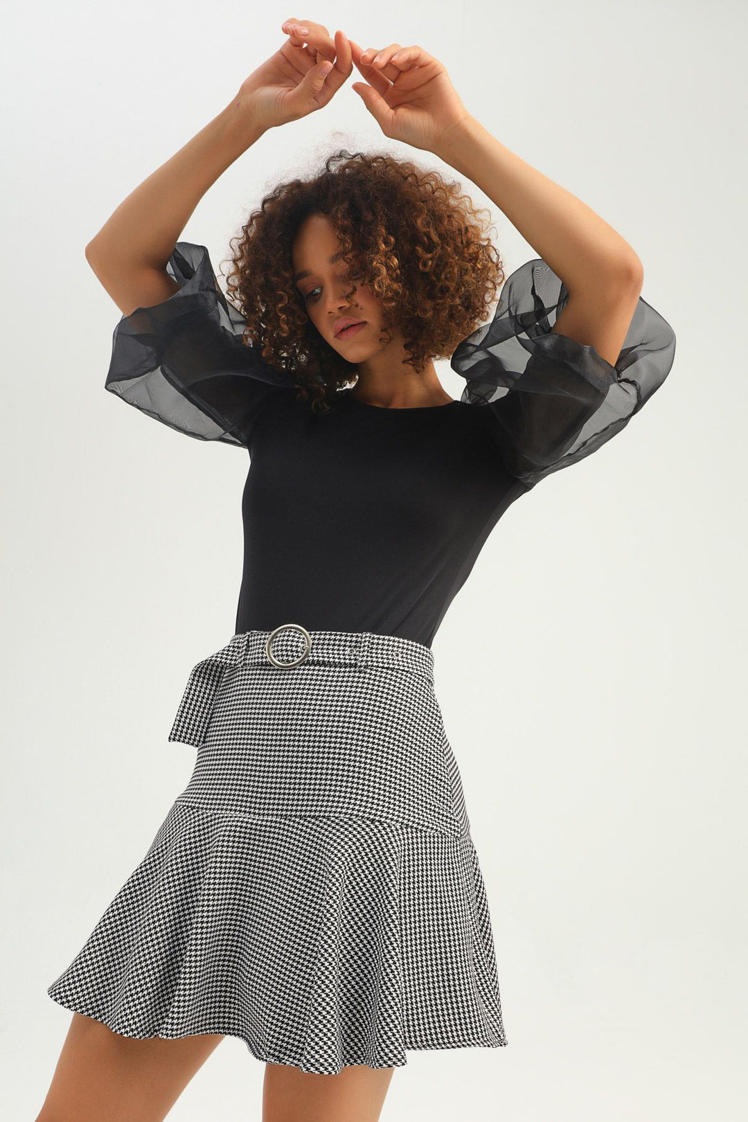 Balloon Sleeve Tulle Bodysuit Black