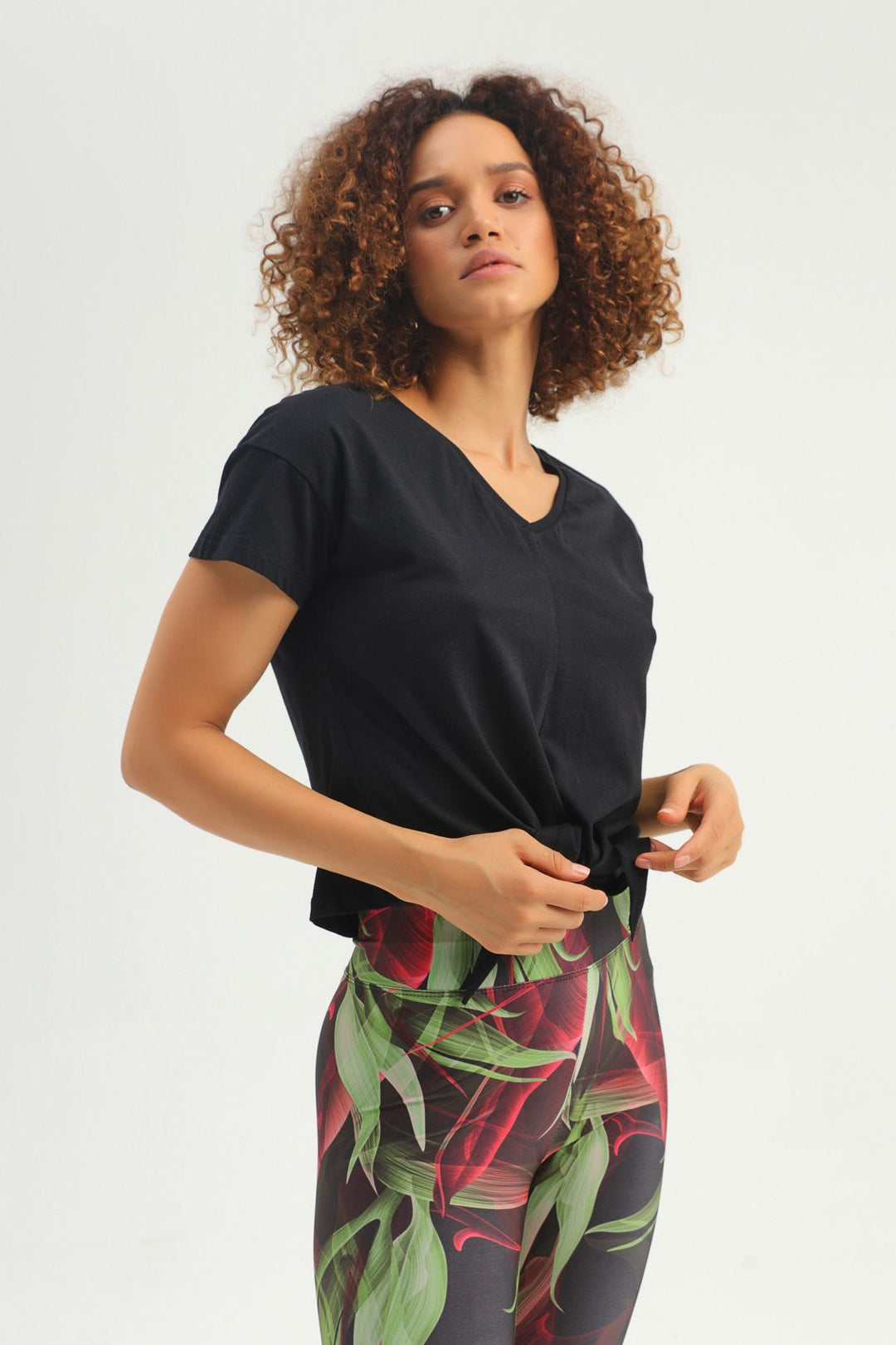 Tie Front V-Neck Sports T-Shirt Black