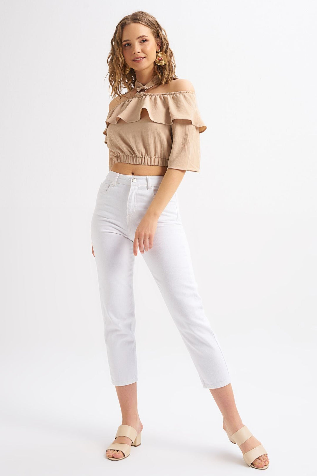 Halter Neck Detailed Flounce Blouse Stone