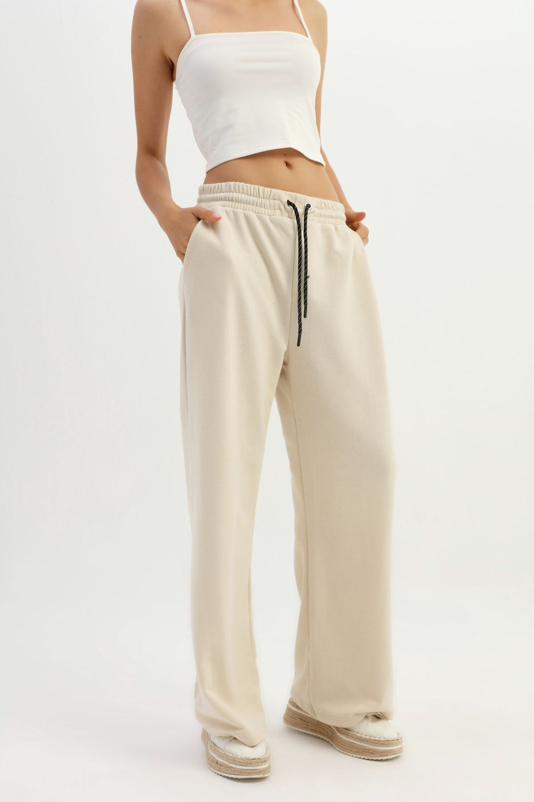 Elastic Waist Wide Leg Tracksuit Beige