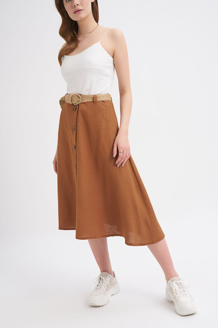 Belted Button Front Linen Skirt Brown
