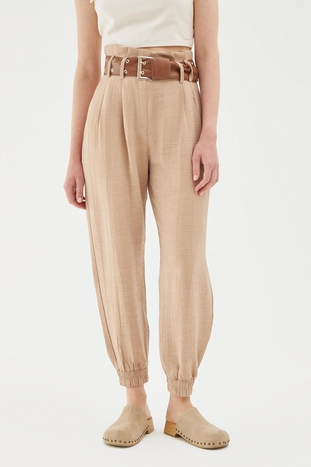 Belted Jogger Pants Beige